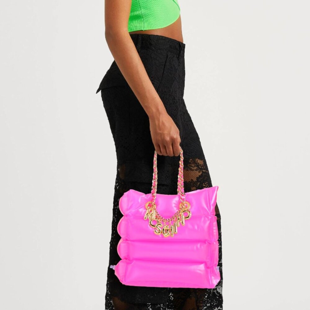 SS23 Moschino Fuchsia Inflatable Pool Float PVC Tote Bag Logo Charm Chain